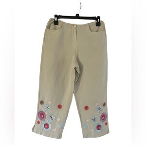 Larry Levine SPT Linen Blend Boho Tropical Floral Embroidered Capri Pants
